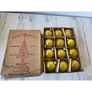 Vintage shiny bright yellow 3" ball ornament set box Mercury